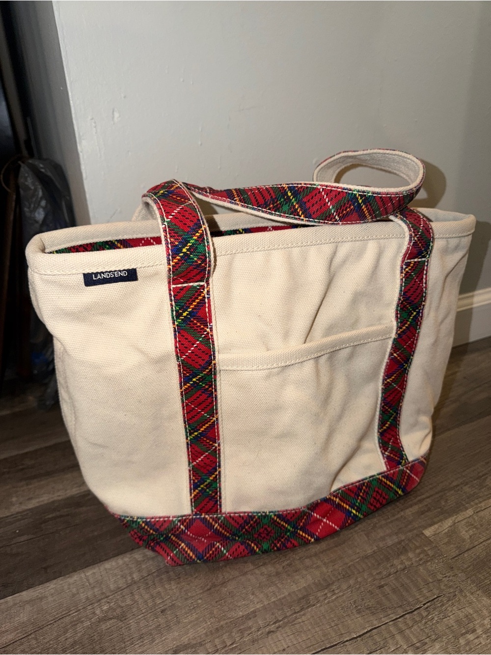 Lands' End Cream Canvas Tote with Red Tartan Trim